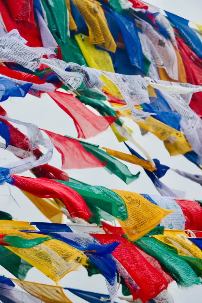 Vibrant Prayer Flags Waving in the Sky