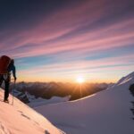 A breathtaking panoramic landscape photograph depicting a climber reaching a mountain summit, showcasing the vastness of the surrounding alpine scenery. The climber, silhouetted against a vibrant sunset, is equipped with mountaineering gear. The image should feature a sharp focus on the climber and a soft, diffused light emanating from the setting sun, casting long shadows across the snow-covered peaks.