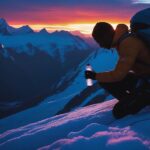A dramatic, high-contrast image depicting a lone mountaineer, silhouetted against a vibrant sunset on a snow-capped peak, reaching for a water bottle. The scene should emphasize the vastness and harsh beauty of the mountain landscape, with a focus on the climber's determination and vulnerability against the backdrop of a breathtaking alpine vista. The color palette should feature deep blues, oranges, and purples for the sky and snow, with a muted palette for the climber's clothing. The style should be photorealistic, with a shallow depth of field to emphasize the climber. The image should be framed tightly on the climber, using a medium shot.