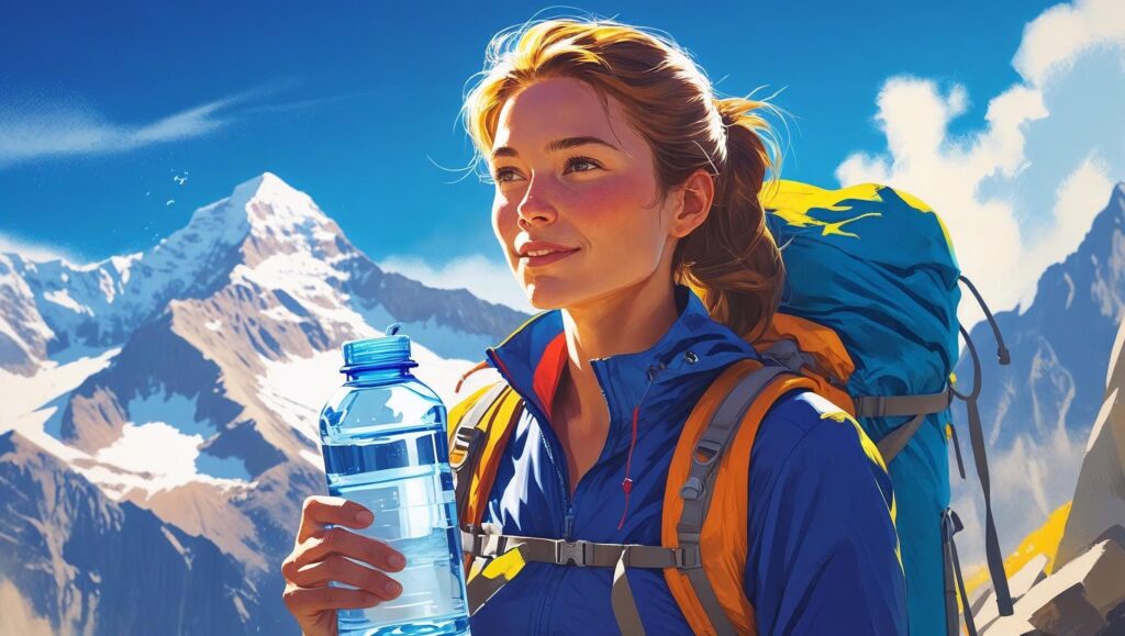 A vibrant, digitally painted illustration depicting a lone hiker at a high-altitude vista, sunlight illuminating their face, with a clear water bottle in hand. The background features a dramatic, snow-capped mountain range under a bright, blue sky. The overall style is realistic with a touch of vibrancy in the colors, conveying a sense of exhilaration and achievement. The hiker is dressed in appropriate outdoor gear. The scene is sharply focused, with a shallow depth of field blurring the background. The image should evoke a sense of mental clarity and physical well-being associated with proper hydration during outdoor adventures.