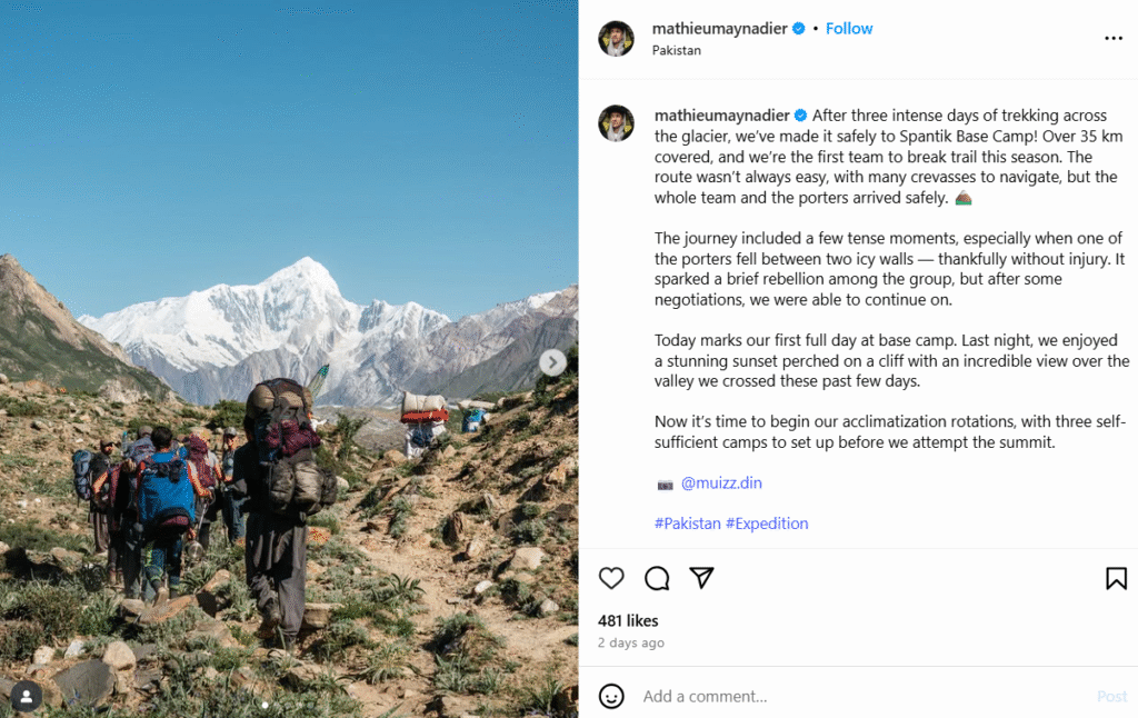 A social media post by 'mathieumaynadier' detailing a trek to Spantik Base Camp in Pakistan. The text describes a 35 km glacier journey, navigating crevasses, and a porter's safe fall. It mentions team negotiations, a sunset view from a cliff, and plans for acclimatization rotations before a summit attempt.