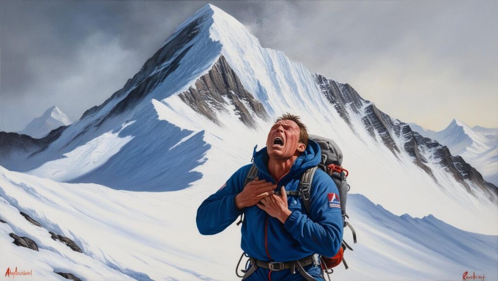 A dramatic, high-altitude landscape painting depicting a mountaineer experiencing altitude sickness, clutching their chest and gasping for breath amidst a stark, snow-covered peak.  The style should be realistic, with a focus on the climber's pained expression and the immense scale of the mountain.  The color palette should be predominantly cool tones – whites, blues, and grays – with touches of red to highlight the climber's distress. The composition should emphasize the vastness of the mountain and the climber's small, vulnerable figure.