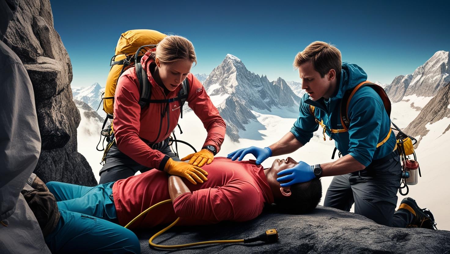 A dramatic, high-altitude landscape painting depicting a mountaineer experiencing altitude sickness, clutching their chest and gasping for breath amidst a stark, snow-covered peak.  The style should be realistic, with a focus on the climber's pained expression and the immense scale of the mountain.  The color palette should be predominantly cool tones – whites, blues, and grays – with touches of red to highlight the climber's distress. The composition should emphasize the vastness of the mountain and the climber's small, vulnerable figure.