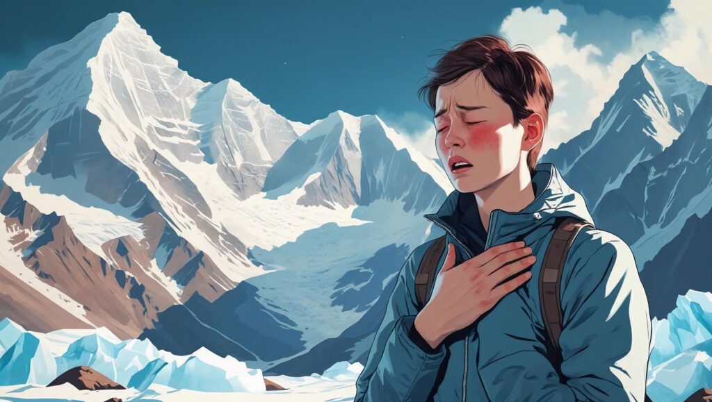 A person experiencing altitude sickness in a majestic mountain range, depicted in a visually appealing style. The individual, with a pale complexion and slightly flushed cheeks, clutches their chest, appearing breathless against the backdrop of towering, snow-capped peaks. The lighting is soft and natural, highlighting the dramatic landscape and the person's discomfort. The overall aesthetic is realistic, emphasizing the raw beauty of the mountains and the human vulnerability in such an environment. The color palette consists of cool blues and whites from the snow and ice, contrasted with warmer tones in the foreground where the individual is situated.