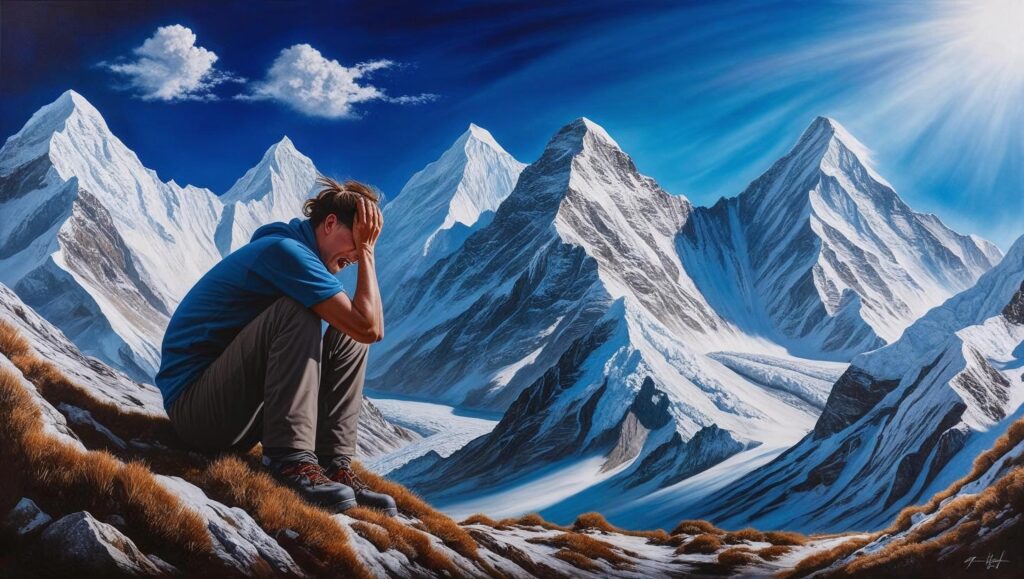 A breathtaking panoramic landscape painting depicting a person experiencing altitude sickness, clutching their head and gasping for breath, against the backdrop of snow-capped Himalayan peaks under a vibrant, clear blue sky.  The style is photorealistic with a focus on dramatic lighting and realistic textures, emphasizing the rugged beauty of the mountains and the climber's distress. The color palette is vivid, with deep blues, crisp whites, and earthy browns.