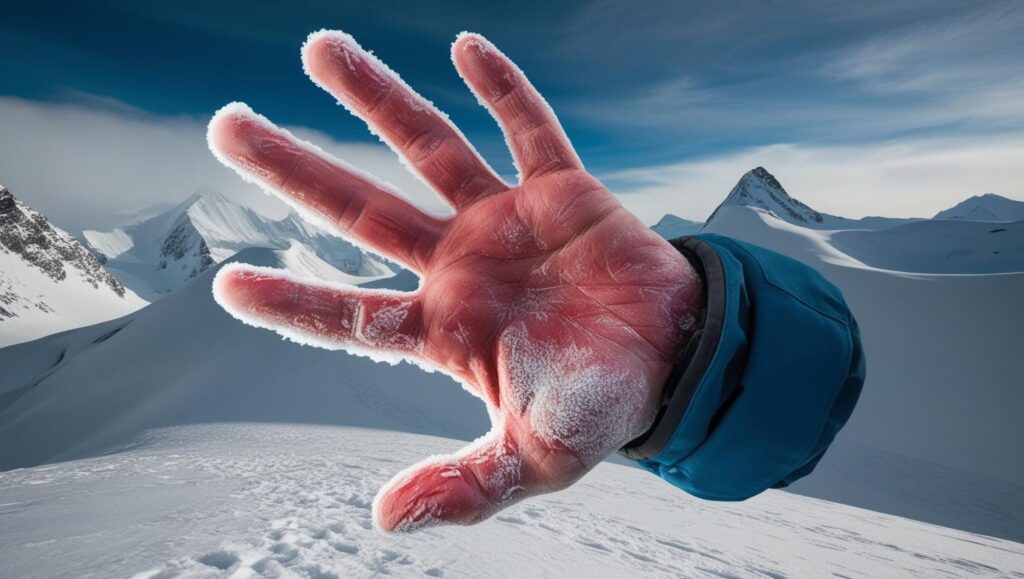 A visually appealing photorealistic depiction of frostbite on a mountaineer's hand, showing the characteristic pale, waxy skin and potential slight swelling, set against the stark backdrop of a snow-covered mountain peak. The lighting should emphasize the texture of the skin and the contrast between the frostbitten area and the healthy skin.  The overall color palette should be cool, with whites, blues, and grays dominating. The image should be sharply focused on the hand, with the mountain providing a blurred background. The style should be realistic and evocative of the harsh conditions of mountaineering.