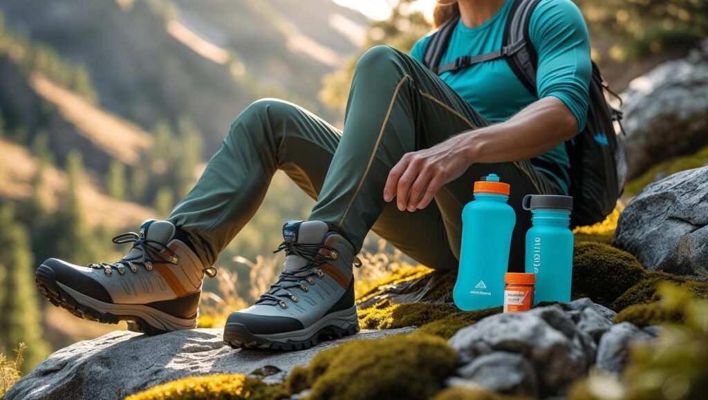 A visually appealing image depicting a hiker taking a break on a mountain trail, with a water bottle and a small container of electrolyte tablets beside them. The scene should be bright and sunny, with a clear blue sky and lush green mountain scenery in the background. The hiker should be dressed in appropriate outdoor clothing, and the overall style should be realistic and inviting, showcasing the benefits of electrolyte replenishment during outdoor activities.