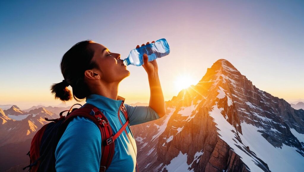 A person taking a refreshing drink of water atop a majestic mountain peak, bathed in the golden light of sunset.  The scene is visually appealing, with vibrant colors, a high-definition resolution, and a focus on the feeling of serenity and accomplishment.  The style is photorealistic, with a wide-angle shot emphasizing the vastness of the mountain range.