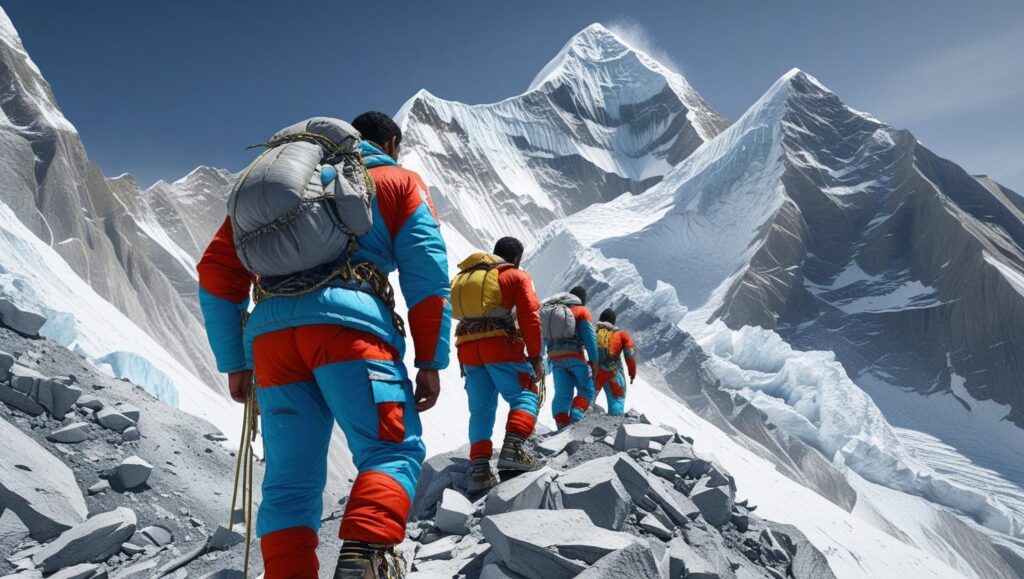 A group of Arabic men, weathered and determined, ascending Mount Everest. The harsh, high-altitude environment is visible, with snow and ice clinging to rugged peaks. The men are dressed in brightly colored mountaineering gear, contrasting against the stark white and grey landscape. A dramatic, realistic style, with a wide-angle shot emphasizing the scale of the mountain and the climbers' small stature against it.