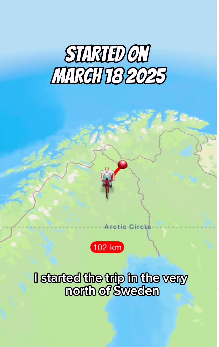 A handwritten note titled 'srarted on march 118 2025 - 102km i started the trip in the very north of sweden. The note appears to be part of travel planning or an adventure idea.

