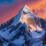 A majestic, detailed photograph of Ama Dablam peak at sunrise, showcasing its dramatic, snow-capped ridges and steep flanks against a vibrant, colorful sky. The image should feature sharp, clear details and a wide-angle perspective, capturing the grandeur and scale of the mountain.