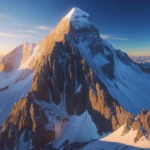 A breathtaking panoramic view of Island Peak, bathed in the golden light of sunrise, showcasing its rugged, snow-capped summit against a vibrant blue sky. The image should be a high-resolution photograph, with sharp details and a wide dynamic range, emphasizing the textures of rock and ice. The overall aesthetic should be awe-inspiring and majestic, employing a realistic style with cinematic lighting and depth of field.