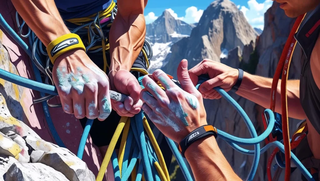 A visually appealing illustration depicting climbers meticulously preparing for an ascent, showcasing detailed close-ups of their hands chalked and gripping climbing gear, ropes coiled neatly, and expressions of focused determination on their faces. The scene is brightly lit, emphasizing the vibrant colors of the climbing equipment against a backdrop of a dramatic mountain range. The style should be photorealistic, with a focus on the textures of the rock, ropes, and climbing gear.