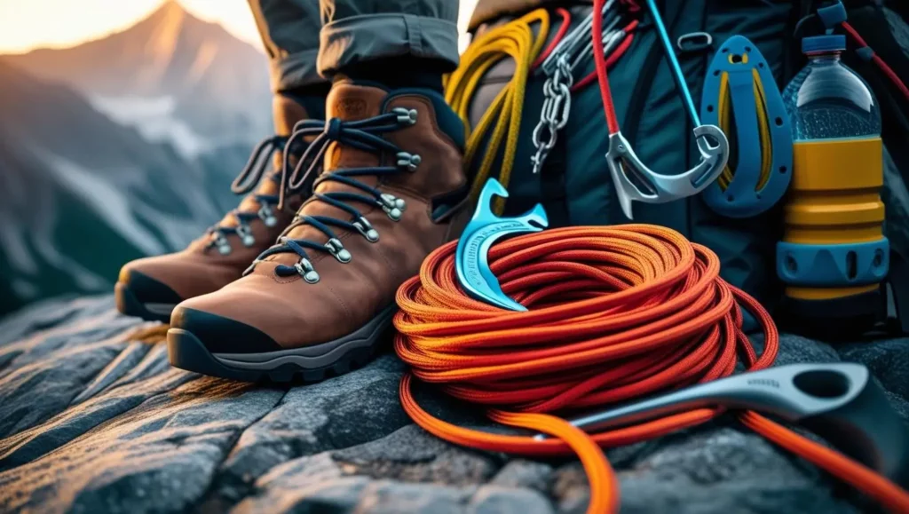 A cinematic concept scene of preparing for a mountain climb: A close-up on a pair of worn leather hiking boots, meticulously laced, next to a sturdy backpack overflowing with brightly colored climbing gear— ropes coiled neatly, ice axe gleaming, and a water bottle resting atop. Dynamic composition, cinematic color grading emphasizing warm sunset hues and cool shadows, filmic tones with a slightly desaturated look, shallow depth of field focusing sharply on the gear, high contrast between light and shadow to enhance the dramatic feel.