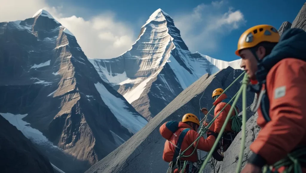 A cinematic concept scene depicting safety tips and emergency protocols on Ama Dablam, featuring climbers secured with ropes against a backdrop of dramatic mountain scenery. Dynamic composition with a shallow depth of field emphasizes the climbers, using cinematic color grading and filmic tones for a high-contrast, realistic and visually engaging image.