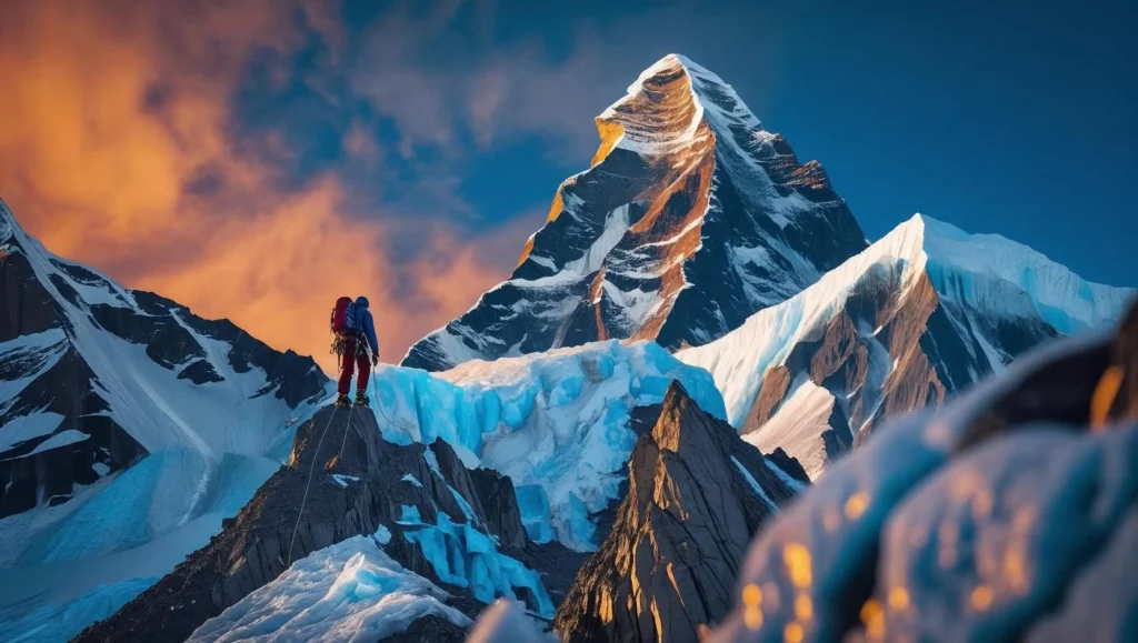 A cinematic concept scene of a climber ascending Ama Dablam, captured with a dynamic composition, cinematic color grading emphasizing rich blues and oranges in the sky and snowy peaks, filmic tones with a shallow depth of field for focus on the climber, and high contrast to accentuate the textures of ice and rock.