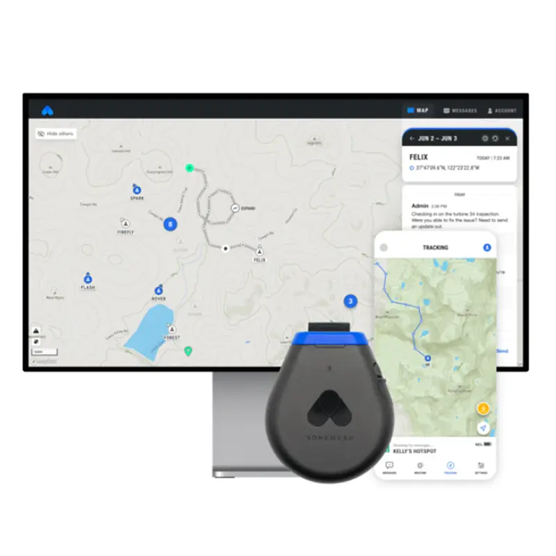 Image showing the Somewear Global Hotspot satellite communication device in front of a desktop monitor and smartphone. The screen displays a topographic map with GPS tracking points, user locations, and a communication interface. The smartphone screen shows a tracking route on a detailed terrain map, while the desktop view displays multiple connected users and message logs. The compact, black device with a blue top allows for GPS tracking and satellite messaging in remote areas.