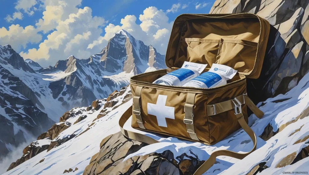 A well-worn, canvas first-aid kit resting on a snow-dusted rock face during a mountain expedition. The kit is partially open, revealing glimpses of sterile bandages and medical supplies. The background features a dramatic mountain range under a partly cloudy sky. Painted in a realistic style with a focus on detail and texture.