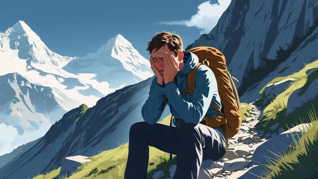 A visually appealing illustration depicting a lone hiker experiencing altitude sickness, showcasing early symptoms like headache or nausea. The hiker is shown on a mountain trail, possibly looking distressed, with a dramatic but safe mountain backdrop. The style should be realistic, emphasizing the seriousness of the situation while maintaining a visually compelling composition. The lighting should be natural, highlighting the hiker's expression and the challenging terrain.
