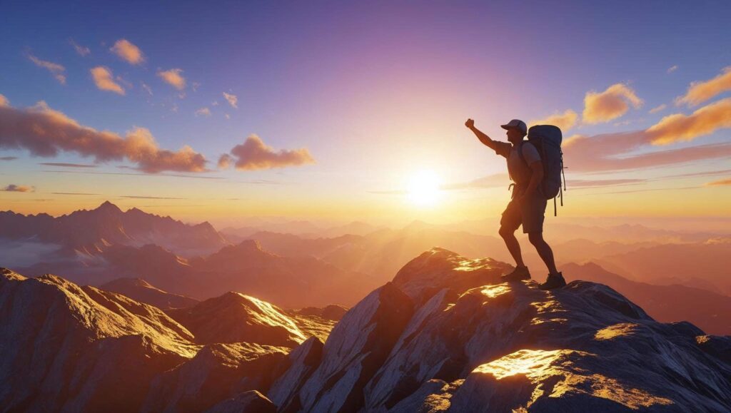 A lone hiker triumphantly summits a majestic mountain peak, bathed in the golden light of sunset. The scene is rendered in a visually appealing style, showcasing dramatic lighting and a breathtaking panoramic view from the summit. The hiker is silhouetted against the vibrant sky, emphasizing the vastness of the landscape. The image utilizes a realistic style, focusing on detailed textures of rock and sky.