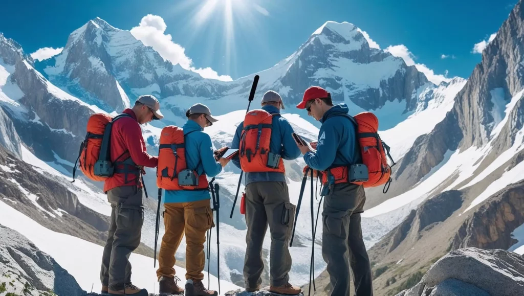 A visually appealing image depicting a group of hikers using emergency communication devices in a majestic mountain range. The scene is brightly lit by the sun, showcasing a clear blue sky and snow-capped peaks. The hikers are dressed in appropriate outdoor gear, and the devices are clearly visible. The image style is photorealistic, with a focus on sharp details and vibrant colors, utilizing a wide-angle shot to capture the vastness of the landscape.