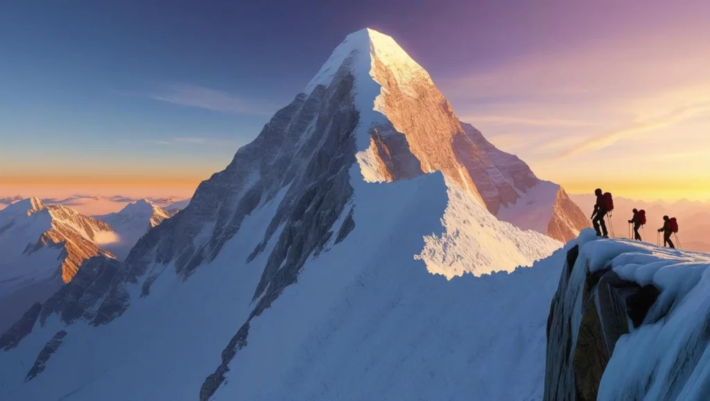 A breathtaking panoramic view of a mountaineering expedition ascending a snow-capped peak, bathed in the golden light of sunrise.  The climbers are silhouetted against the vibrant sky, their small figures emphasizing the vastness of the mountain.  The style is photorealistic, with sharp details and a high dynamic range, capturing the textures of ice, rock, and snow. The overall aesthetic is one of awe-inspiring adventure and natural beauty.
