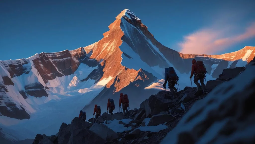 A cinematic concept scene of a mountaineering expedition ascending Ama Dablam, captured with a dynamic composition, cinematic color grading emphasizing rich blues, oranges, and deep shadows, filmic tones with a slightly desaturated look for a realistic feel, shallow depth of field blurring the background, and high contrast to accentuate the rugged terrain and climbers' silhouettes against the sky. The climbers are equipped with modern mountaineering gear, and the scene focuses on the challenging ascent, emphasizing the scale of the mountain and the climbers' determination.