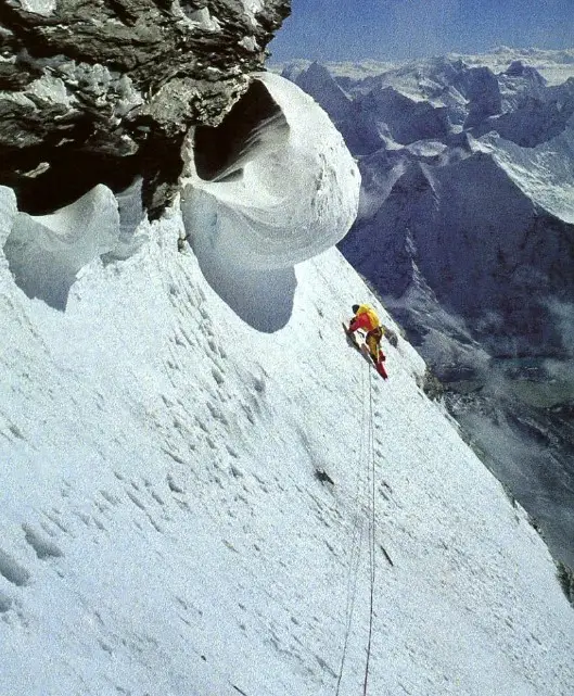 Christophe Profit on a two-men team attempt on the South Face of Lhotse, back in 1990. Climbing mate Pierre Béghin took the photo.