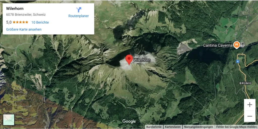 A satellite map showing the Wilerhorn area in Brienzwiler, Switzerland, with a red marker indicating the location, surrounded by green hills, forests, and nearby landmarks like Cantina Caverna and Brünig.