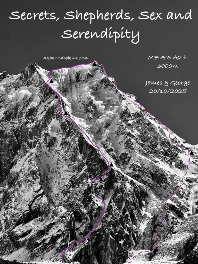Black-and-white aerial view of a jagged, snow-covered peak labeled "Akbar Chhok 6733m," with a purple line tracing a new alpine-style route marked M7, A15, A2+, 3000m, titled Secrets, Shepherds, Sex and Serendipity by James & George, dated 20/10/2025.