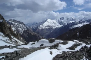 Panoramic mountain landscape with snow-covered peaks, glacier, and rocky terrain in the high Pamirs