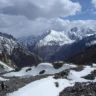 Panoramic mountain landscape with snow-covered peaks, glacier, and rocky terrain in the high Pamirs