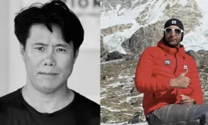 A side-by-side composite photo featuring two male mountain climbers. On the left is a close-up portrait of an Asian man (appearing Korean) with short black hair, wearing a plain dark or black shirt. He has a serious, stoic expression with slightly furrowed brows, looking directly at the camera against a neutral background. On the right is a full upper-body shot of another Asian man (appearing Nepali) outdoors in a snowy Himalayan mountain environment with rugged peaks and snow-covered slopes in the background.