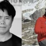 A side-by-side composite photo featuring two male mountain climbers. On the left is a close-up portrait of an Asian man (appearing Korean) with short black hair, wearing a plain dark or black shirt. He has a serious, stoic expression with slightly furrowed brows, looking directly at the camera against a neutral background. On the right is a full upper-body shot of another Asian man (appearing Nepali) outdoors in a snowy Himalayan mountain environment with rugged peaks and snow-covered slopes in the background.