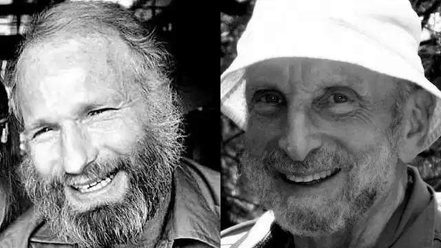 Black-and-white side-by-side portraits of veteran mountaineers: left, a smiling man with thick beard and rugged features; right, an older man with gentle smile wearing a light bucket hat.