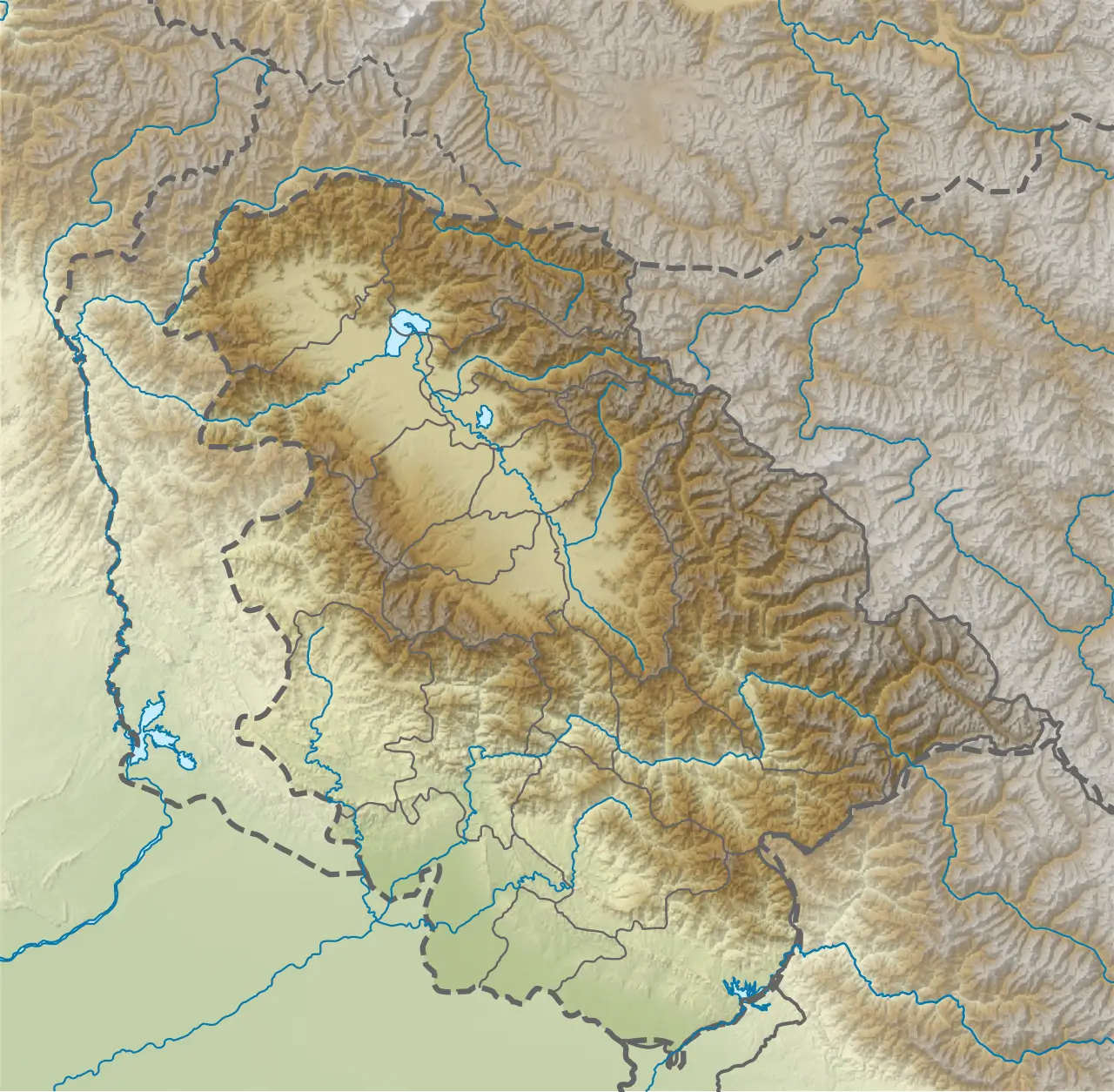 Topographic shaded relief map of the Himalayas and adjacent highlands: brown textured mountains, blue river networks, small blue lakes, and dashed boundary lines highlighting the complex terrain and drainage patterns.