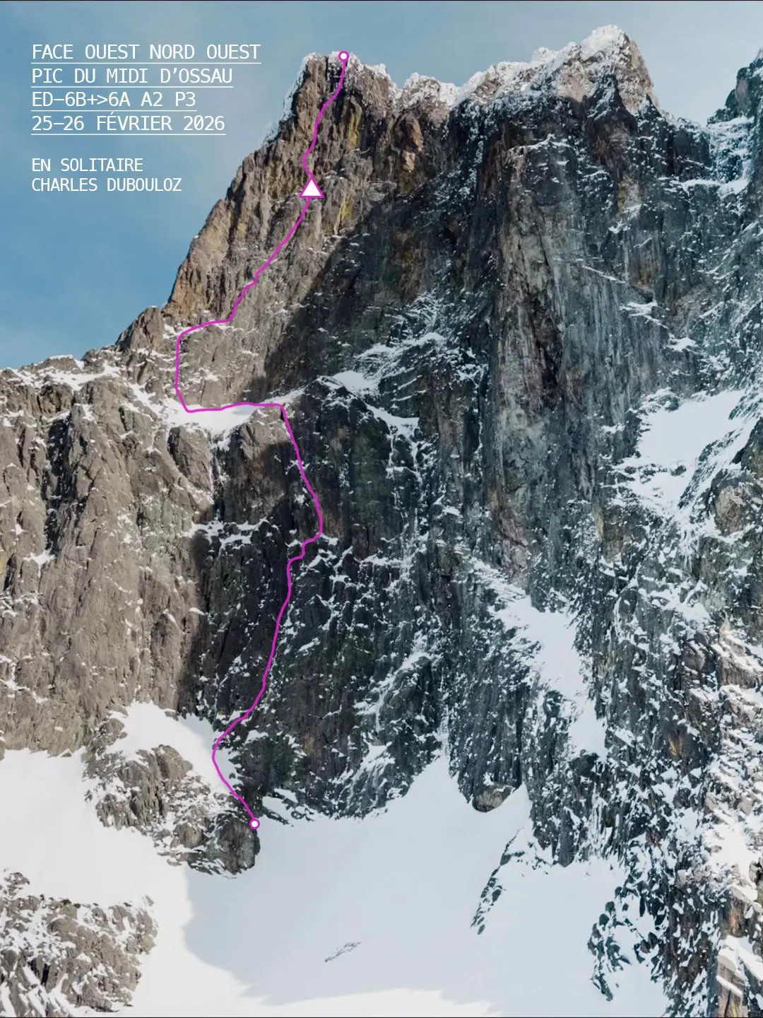 Aerial view of the Pic du Midi d'Ossau's northwest face in winter, with a pink line tracing the mixed climbing route (ED-, 6B+ > 6A A2 P3) climbed solo by Charles Dubouloz on February 25–26, 2026. The line starts low and zigzags up the steep, snow-covered rock face to the summit.